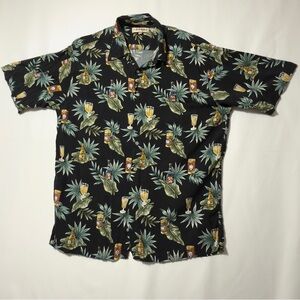 Campia Mens Black & Green Tropical‎ Button Down Short Sleeve Shirt Excellent